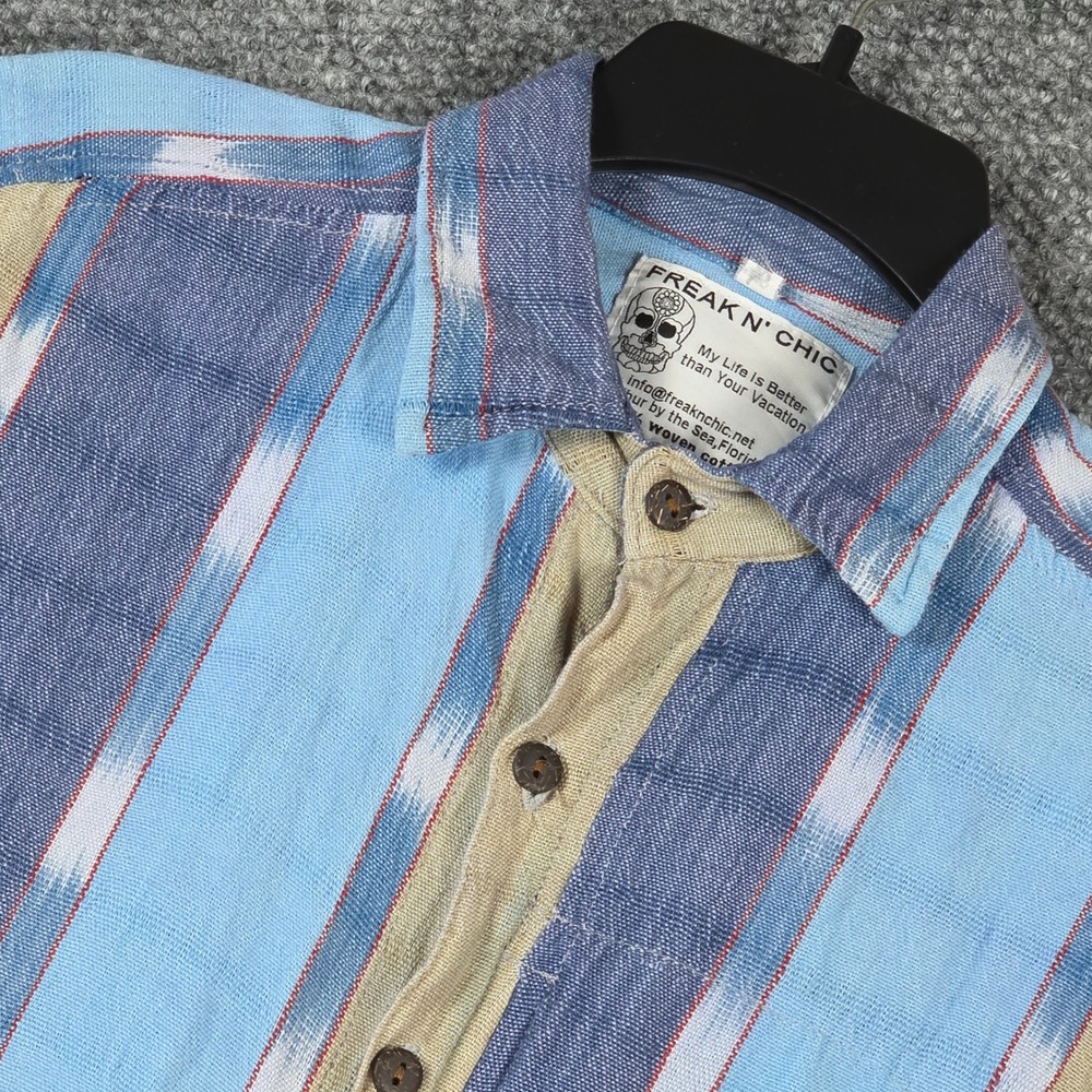 FREAK N CHIC Men's Woven Cotton Short Sleeve Button Up Shirt Blue Tan‎ Stripe M
